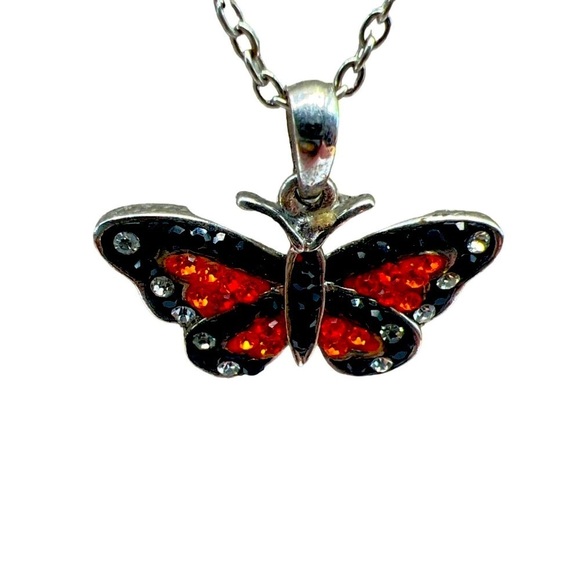 Butterfly Pendant Necklace With Clear, Orange & Black Rhinestones.  B52 - Picture 6 of 12